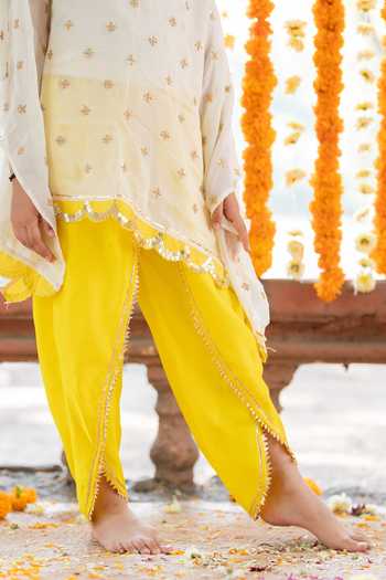 Kirti Agarwal - Pret N Couture_Yellow Georgette, Satin, Cotton Sequins, Lace Embroidered Tunic Dhoti Pant Set _at_Aza_Fashions