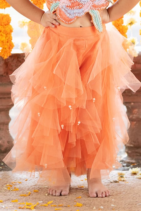 Kirti Agarwal - Pret N Couture_Orange Net, Satin, Cotton Pearls, Frilled Lehenga With Floral Cutwork Crop Top _Online_at_Aza_Fashions
