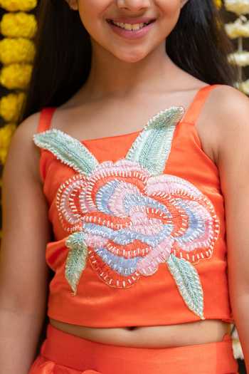 Shop_Kirti Agarwal - Pret N Couture_Orange Organza, Satin Pearls, Embroidery Floral Crop Top Flared Lehenga Set _Online_at_Aza_Fashions