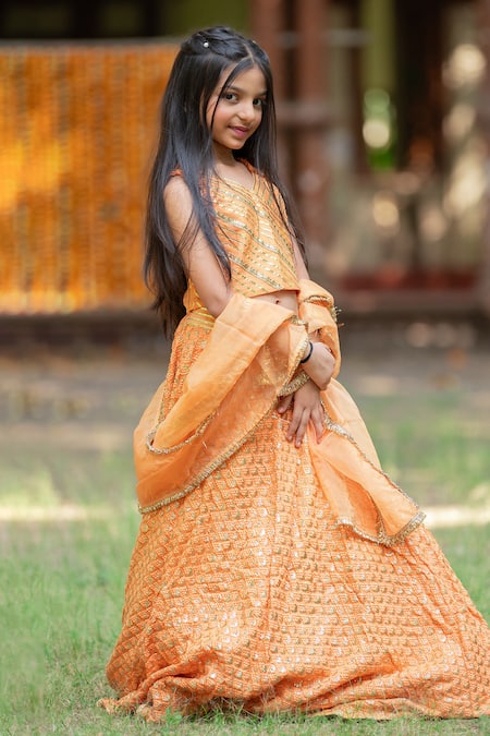 Shop_Kirti Agarwal - Pret N Couture_Orange Silk, Lace, Organza, Linen Lace, Sequins Embroidered Lehenga Set _Online_at_Aza_Fashions