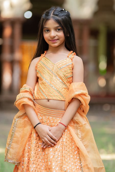 Kirti Agarwal - Pret N Couture_Orange Silk, Lace, Organza, Linen Lace, Sequins Embroidered Lehenga Set _at_Aza_Fashions