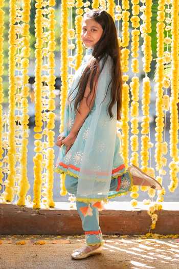 Shop Kirti Agarwal - Pret N Couture Blue Net, Crepe, Linen Embroidery Panelled Kurta Pant Set at Aza Fashions Shop_Kirti Agarwal - Pret N Couture_Blue Net, Crepe, Linen Embroidery Panelled Kurta Pant Set _at_Aza_Fashions