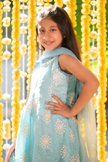 Shop Kirti Agarwal - Pret N Couture Blue Net, Crepe, Linen Embroidery Panelled Kurta Pant Set Online at Aza Fashions Shop_Kirti Agarwal - Pret N Couture_Blue Net, Crepe, Linen Embroidery Panelled Kurta Pant Set _Online_at_Aza_Fashions