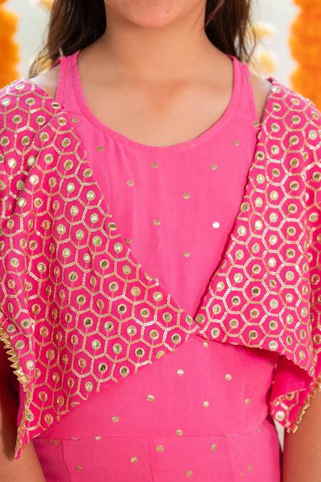 Shop_Kirti Agarwal - Pret N Couture_Pink Georgette, Cotton Fabric Flowers, Faux Mirror Jumpsuit With Shrug _Online_at_Aza_Fashions