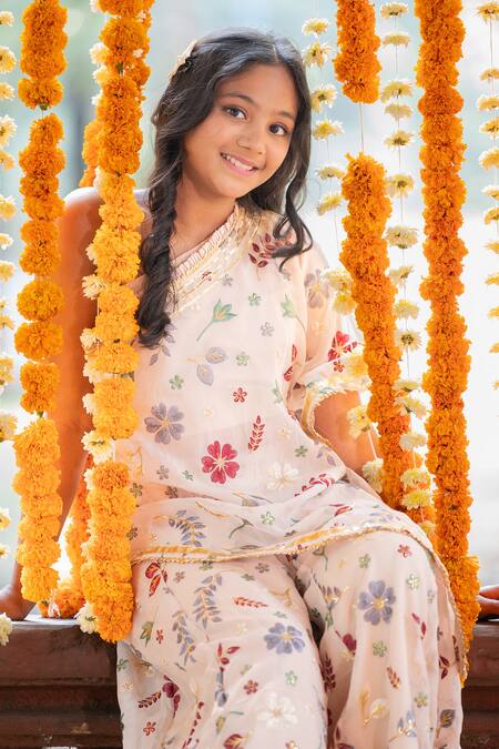 Buy_Kirti Agarwal - Pret N Couture_Peach Organza, Cotton Gota Patti, Embroidery Cape Palazzo Set_Online_at_Aza_Fashions