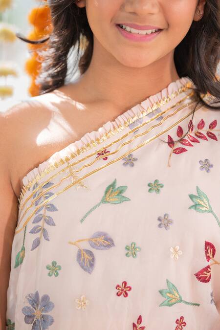 Shop_Kirti Agarwal - Pret N Couture_Peach Organza, Cotton Gota Patti, Embroidery Cape Palazzo Set_Online_at_Aza_Fashions