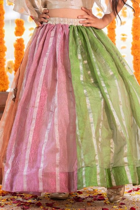 Kirti Agarwal - Pret N Couture_Multi Color Tissue, Cotton, Linen Embroidery Crop Top And Lehenga Set _Online_at_Aza_Fashions