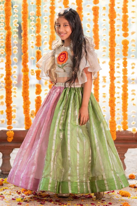 Buy_Kirti Agarwal - Pret N Couture_Multi Color Tissue, Cotton, Linen Embroidery Crop Top And Lehenga Set _Online_at_Aza_Fashions