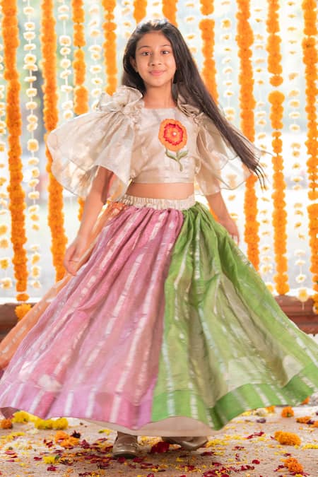 Shop_Kirti Agarwal - Pret N Couture_Multi Color Tissue, Cotton, Linen Embroidery Crop Top And Lehenga Set _Online_at_Aza_Fashions