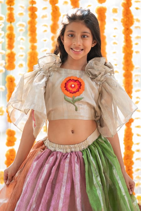 Kirti Agarwal - Pret N Couture_Multi Color Tissue, Cotton, Linen Embroidery Crop Top And Lehenga Set _at_Aza_Fashions