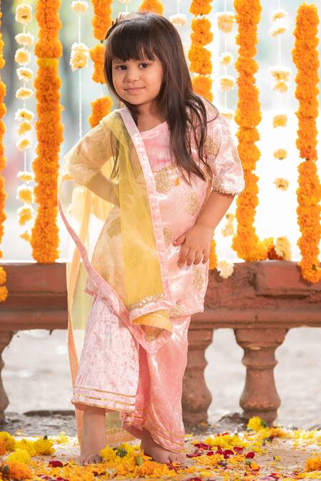 Shop_Kirti Agarwal - Pret N Couture_Pink Velvet, Net, Cotton Gota Patti, Sequins Embroidered Kurta Palazzo Set_Online_at_Aza_Fashions