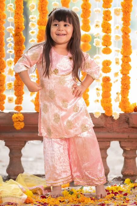 Buy_Kirti Agarwal - Pret N Couture_Pink Velvet, Net, Cotton Gota Patti, Sequins Embroidered Kurta Palazzo Set