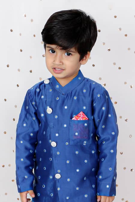 Shop_Kirti Agarwal - Pret N Couture_Blue Chanderi, Modal, Cotton Mirrors Embroidered Kurta And Printed Dhoti Pant Set _Online_at_Aza_Fashions