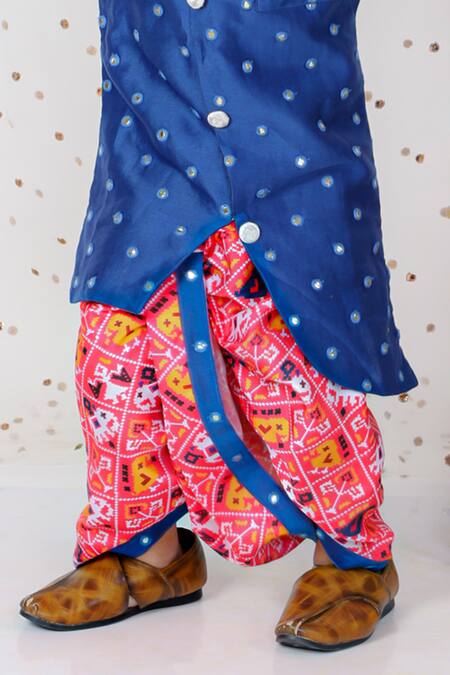 Buy_Kirti Agarwal - Pret N Couture_Blue Chanderi, Modal, Cotton Mirrors Embroidered Kurta And Printed Dhoti Pant Set 