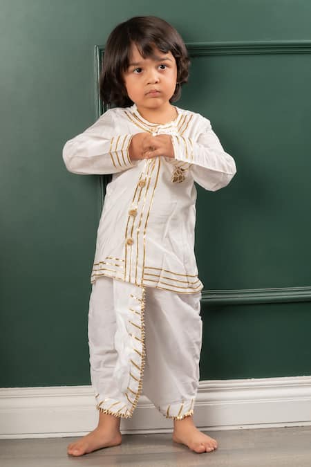 Kirti Agarwal - Pret N Couture_Off White Chanderi, Cotton Beads, Gota Patti Embroidered Kurta And Dhoti Pant Set _Online_at_Aza_Fashions