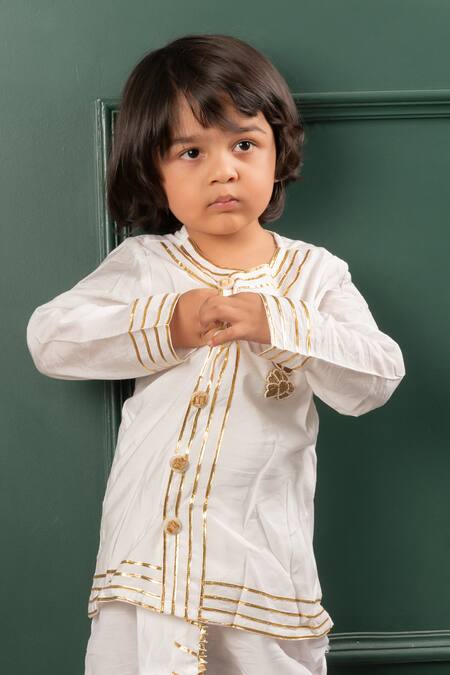 Shop_Kirti Agarwal - Pret N Couture_Off White Chanderi, Cotton Beads, Gota Patti Embroidered Kurta And Dhoti Pant Set _Online_at_Aza_Fashions