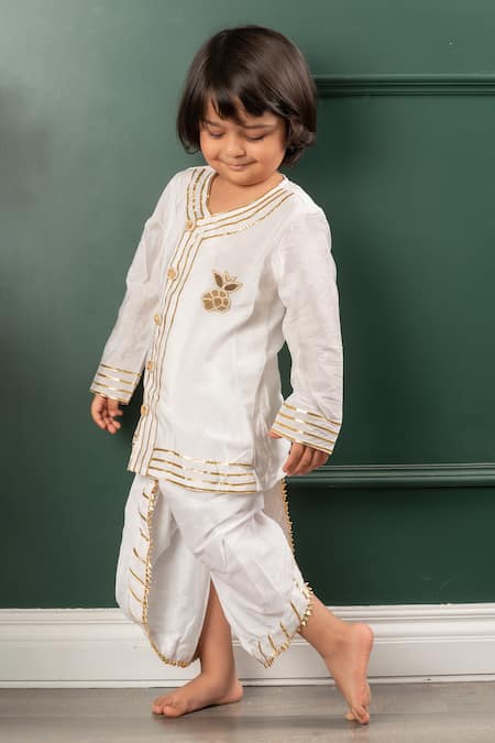 Kirti Agarwal - Pret N Couture_Off White Chanderi, Cotton Beads, Gota Patti Embroidered Kurta And Dhoti Pant Set _at_Aza_Fashions