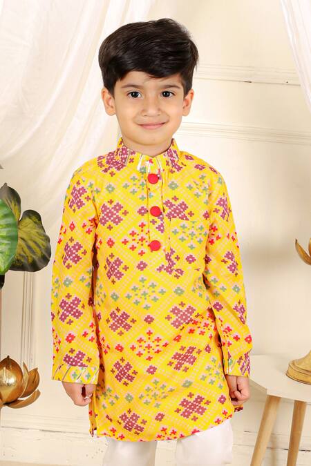 Shop_Kirti Agarwal - Pret N Couture_Yellow Muslin, Cotton Gota Patti, Embroidery Patola Print Kurta And Pyjama Set _Online_at_Aza_Fashions