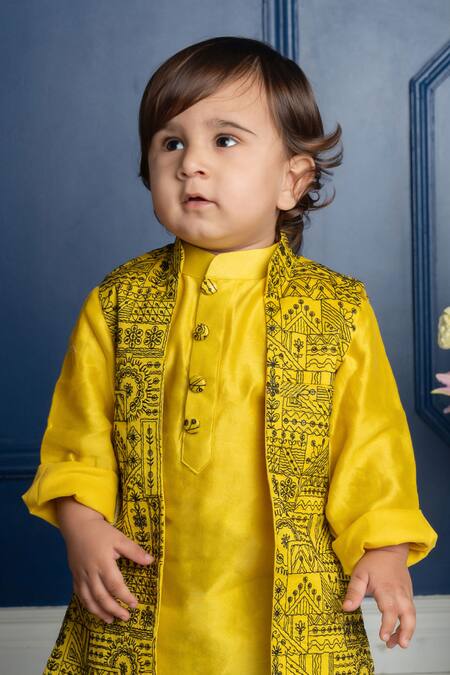Buy_Kirti Agarwal - Pret N Couture_Yellow Chanderi Silk, Cotton, Linen Sequins, Nehru Jacket With Kurta Set _Online_at_Aza_Fashions