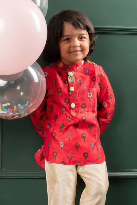 Kirti Agarwal - Pret N Couture_Red Chanderi Silk, Cotton, Linen Embroidery Floral Print Kurta And Pyjama Set _Online_at_Aza_Fashions