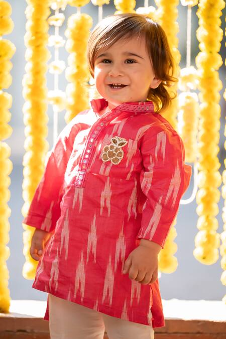 Shop_Kirti Agarwal - Pret N Couture_Red , Satin Mirrors Ikat Print Kurta And Pyjama Set_Online_at_Aza_Fashions