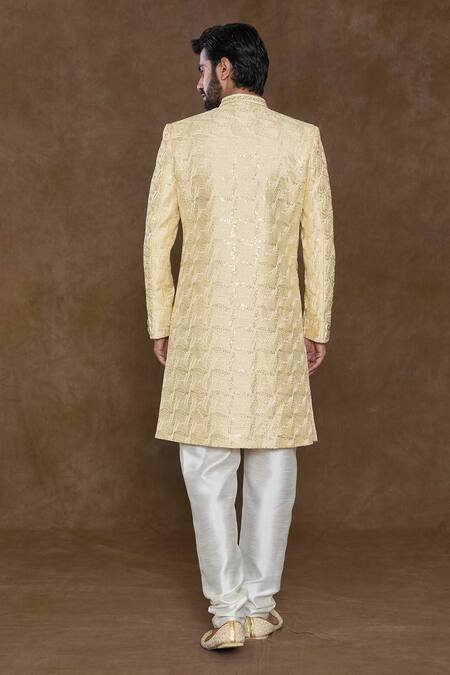 Shop Arihant Rai Sinha Yellow Silk, Chanderi, Denim Sequins, Beads Hand Embroidered Sherwani Set at Aza Fashions Shop_Arihant Rai Sinha_Yellow Silk, Chanderi, Denim Sequins, Beads Hand Embroidered Sherwani Set_at_Aza_Fashions