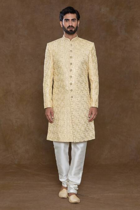 Arihant Rai Sinha Yellow Silk, Chanderi, Denim Sequins, Beads Hand Embroidered Sherwani Set Online at Aza Fashions Arihant Rai Sinha_Yellow Silk, Chanderi, Denim Sequins, Beads Hand Embroidered Sherwani Set_Online_at_Aza_Fashions