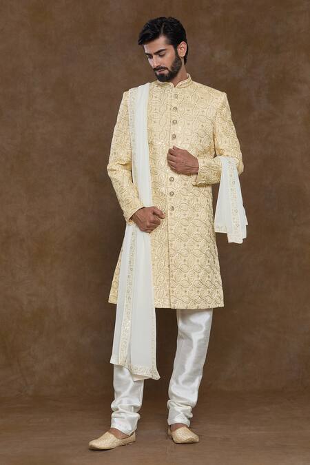 Buy Arihant Rai Sinha Yellow Silk, Chanderi, Denim Sequins, Beads Hand Embroidered Sherwani Set Online at Aza Fashions Buy_Arihant Rai Sinha_Yellow Silk, Chanderi, Denim Sequins, Beads Hand Embroidered Sherwani Set_Online_at_Aza_Fashions
