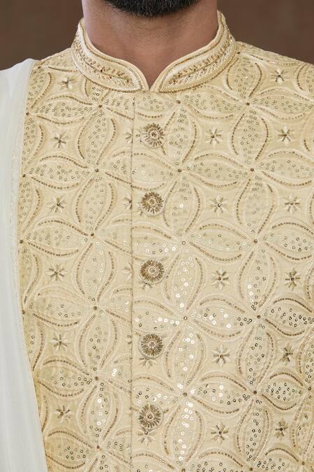 Shop Arihant Rai Sinha Yellow Silk, Chanderi, Denim Sequins, Beads Hand Embroidered Sherwani Set Online at Aza Fashions Shop_Arihant Rai Sinha_Yellow Silk, Chanderi, Denim Sequins, Beads Hand Embroidered Sherwani Set_Online_at_Aza_Fashions