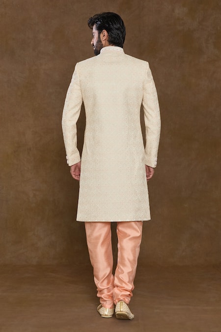Shop Arihant Rai Sinha Off White Silk, Chanderi, Denim Sequins, Thread Hand Embroidered Sherwani Set at Aza Fashions Shop_Arihant Rai Sinha_Off White Silk, Chanderi, Denim Sequins, Thread Hand Embroidered Sherwani Set_at_Aza_Fashions