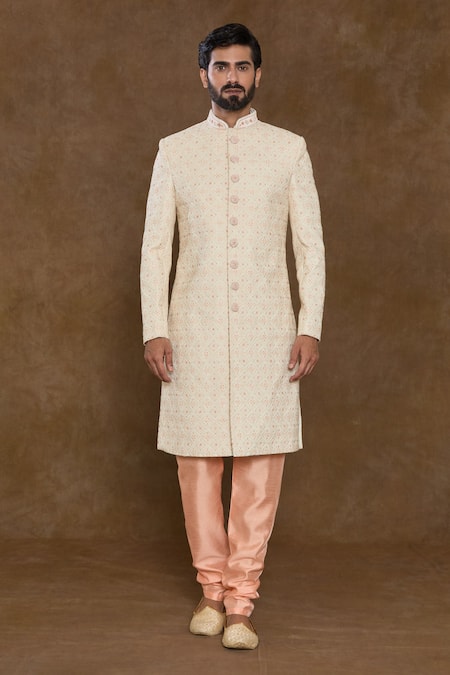 Arihant Rai Sinha Off White Silk, Chanderi, Denim Sequins, Thread Hand Embroidered Sherwani Set Online at Aza Fashions Arihant Rai Sinha_Off White Silk, Chanderi, Denim Sequins, Thread Hand Embroidered Sherwani Set_Online_at_Aza_Fashions