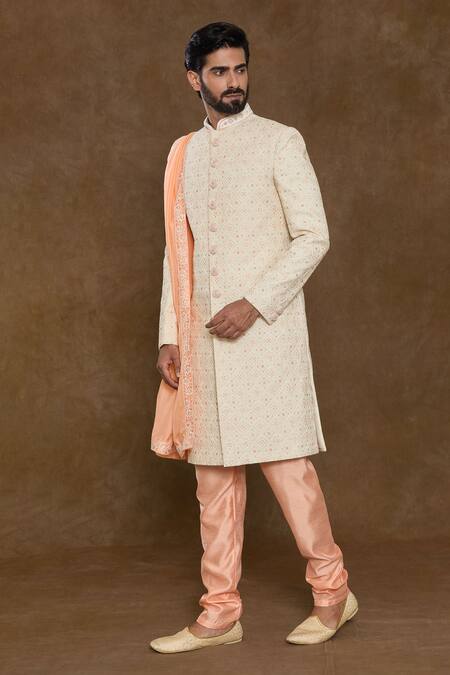 Buy Arihant Rai Sinha Off White Silk, Chanderi, Denim Sequins, Thread Hand Embroidered Sherwani Set Online at Aza Fashions Buy_Arihant Rai Sinha_Off White Silk, Chanderi, Denim Sequins, Thread Hand Embroidered Sherwani Set_Online_at_Aza_Fashions