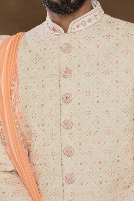 Shop Arihant Rai Sinha Off White Silk, Chanderi, Denim Sequins, Thread Hand Embroidered Sherwani Set Online at Aza Fashions Shop_Arihant Rai Sinha_Off White Silk, Chanderi, Denim Sequins, Thread Hand Embroidered Sherwani Set_Online_at_Aza_Fashions