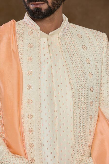 Arihant Rai Sinha_Off White Silk, Denim Sequins, Beads Floral Hand Work Sherwani Set_Online_at_Aza_Fashions