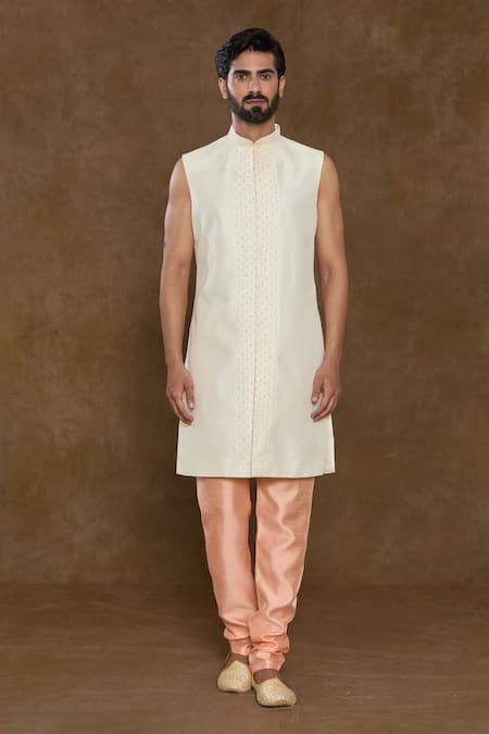 Buy_Arihant Rai Sinha_Off White Silk, Denim Sequins, Beads Floral Hand Work Sherwani Set_Online_at_Aza_Fashions