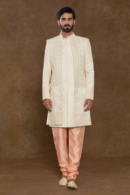Shop_Arihant Rai Sinha_Off White Silk, Denim Sequins, Beads Floral Hand Work Sherwani Set_Online_at_Aza_Fashions