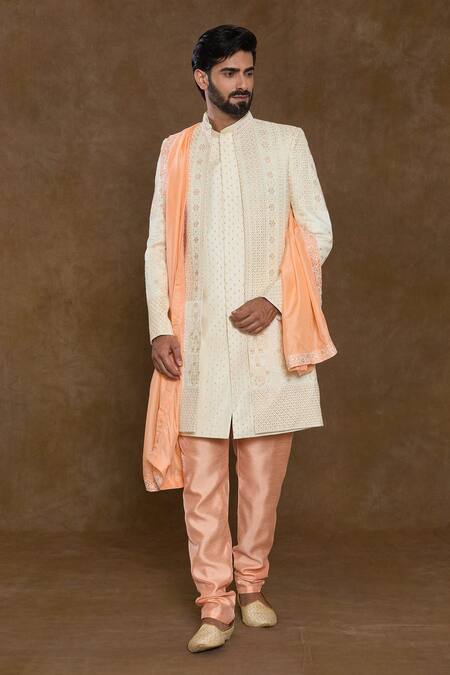 Arihant Rai Sinha_Off White Silk, Denim Sequins, Beads Floral Hand Work Sherwani Set_at_Aza_Fashions