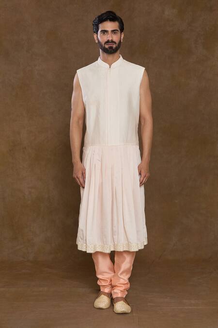 Arihant Rai Sinha_Peach Acrylic, Silk, Denim Sequins, Beads Floral Hand Work Sherwani Kurta Set_Online_at_Aza_Fashions