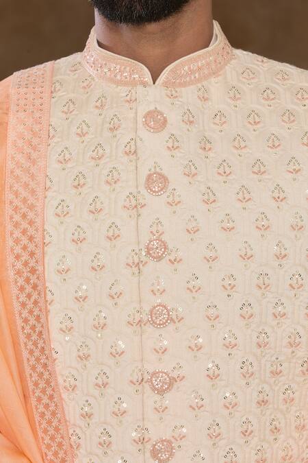 Buy_Arihant Rai Sinha_Peach Acrylic, Silk, Denim Sequins, Beads Floral Hand Work Sherwani Kurta Set_Online_at_Aza_Fashions