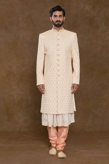 Shop_Arihant Rai Sinha_Peach Acrylic, Silk, Denim Sequins, Beads Floral Hand Work Sherwani Kurta Set_Online_at_Aza_Fashions