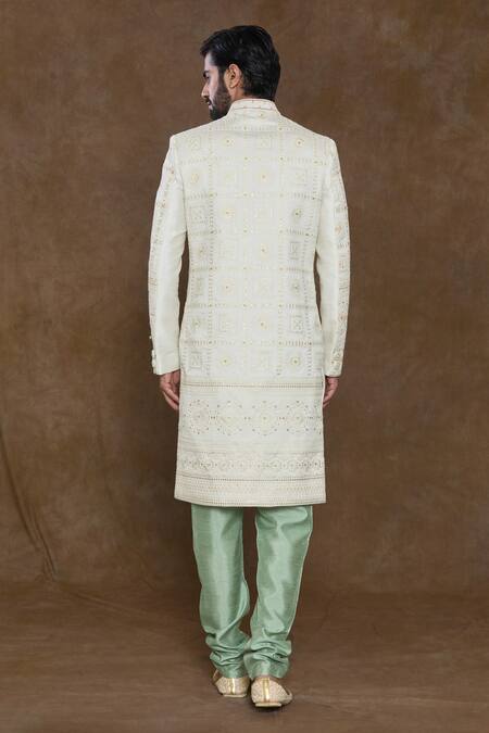 Shop Arihant Rai Sinha Green Silk, Chanderi Embroidery, Sequins, Beads Hand Sherwani Set at Aza Fashions Shop_Arihant Rai Sinha_Green Silk, Chanderi Embroidery, Sequins, Beads Hand Sherwani Set_at_Aza_Fashions