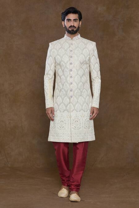 Arihant Rai Sinha_White Silk, Chanderi Embroidery, Sequins Mirror Scale Pattern Sherwani Set_Online_at_Aza_Fashions