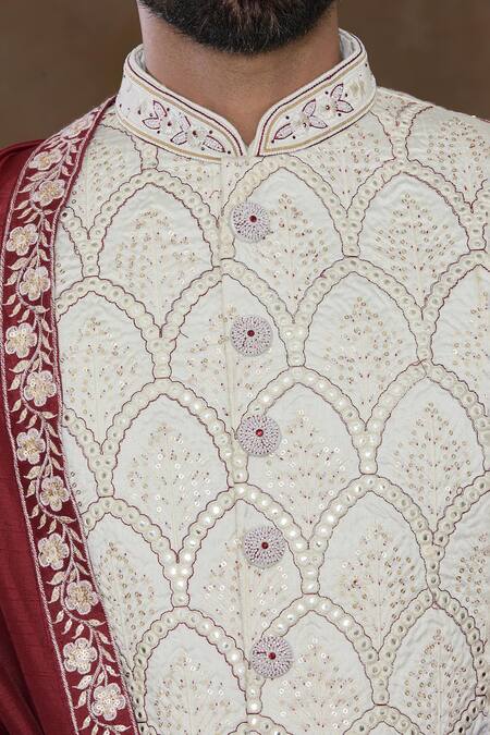 Buy_Arihant Rai Sinha_White Silk, Chanderi Embroidery, Sequins Mirror Scale Pattern Sherwani Set_Online_at_Aza_Fashions