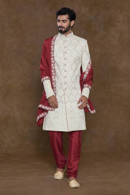 Shop_Arihant Rai Sinha_White Silk, Chanderi Embroidery, Sequins Mirror Scale Pattern Sherwani Set_Online_at_Aza_Fashions