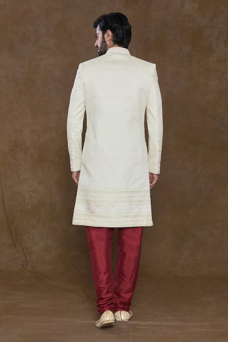 Shop Arihant Rai Sinha Maroon Silk, Chanderi, Denim Embroidery Bead Hand Sherwani Churidar Set at Aza Fashions Shop_Arihant Rai Sinha_Maroon Silk, Chanderi, Denim Embroidery Bead Hand Sherwani Churidar Set_at_Aza_Fashions