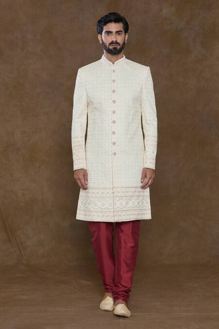 Arihant Rai Sinha Maroon Silk, Chanderi, Denim Embroidery Bead Hand Sherwani Churidar Set Online at Aza Fashions Arihant Rai Sinha_Maroon Silk, Chanderi, Denim Embroidery Bead Hand Sherwani Churidar Set_Online_at_Aza_Fashions