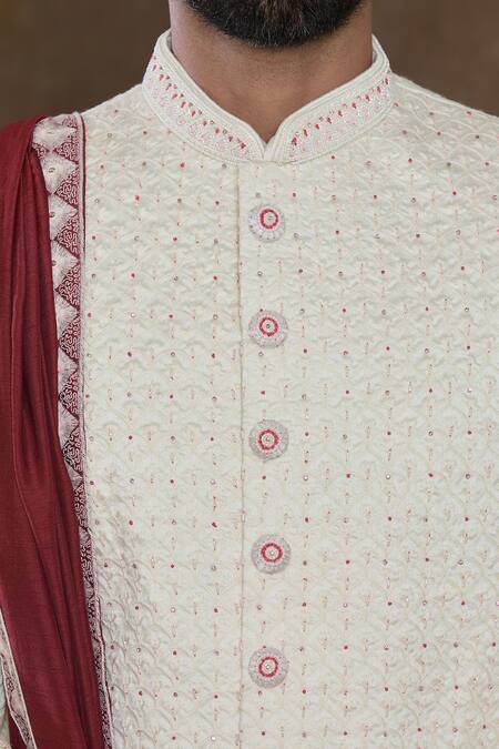 Shop Arihant Rai Sinha Maroon Silk, Chanderi, Denim Embroidery Bead Hand Sherwani Churidar Set Online at Aza Fashions Shop_Arihant Rai Sinha_Maroon Silk, Chanderi, Denim Embroidery Bead Hand Sherwani Churidar Set_Online_at_Aza_Fashions