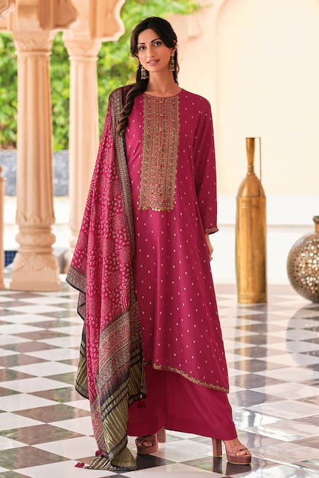 Label Varsha Red Kurta Viscose Dola Silk Printed Ajrakh Round Embroidered Pant Set