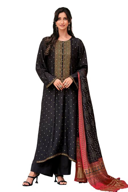 Buy_Label Varsha_Black Viscose, Silk Embroidery Round Neck Floral Kurta Pant Set_Online_at_Aza_Fashions