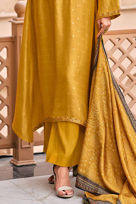 Shop_Label Varsha_Yellow Viscose Embroidery Round Neck Floral And Thread Kurta Pant Set_Online_at_Aza_Fashions